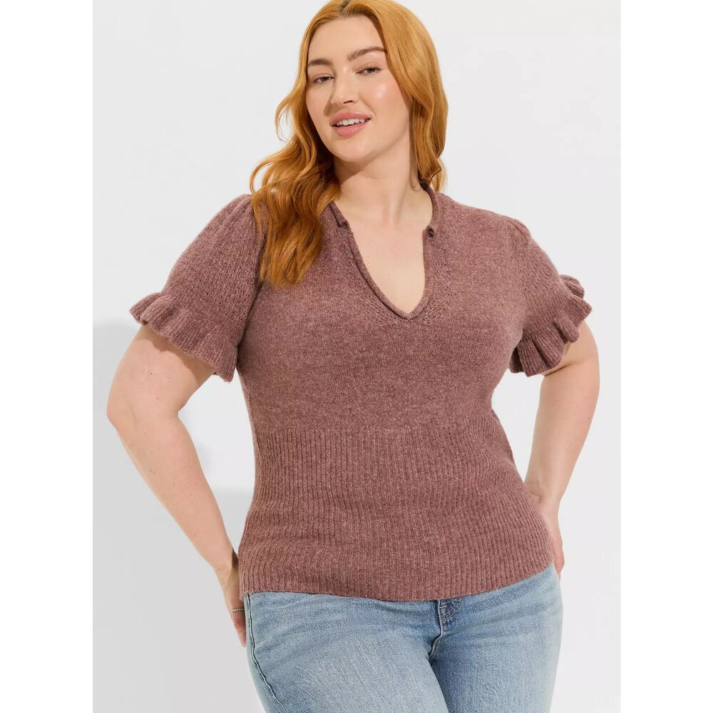 Torrid Vegan Cashmere V-Neck Ruffle Elbow Sleeve Pullover Sweater Size 6 6X 30